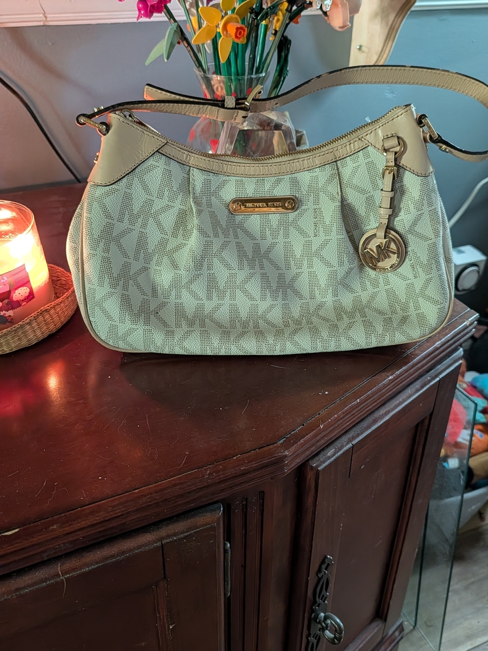 Michael Kors Cream Logo Shoulder Bag with Gold Hardware